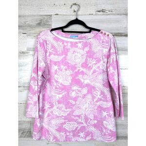 J. McLaughlin Womens XL Pink Peacock Floral 3/4 Sleeve Coastal Beach Top Preppy
